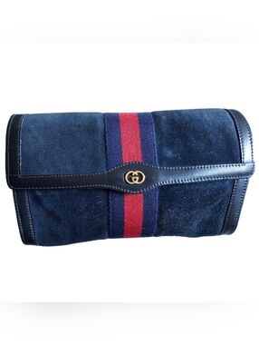 Vintage Gucci Blue Suede Sherry Line Clutch Handbag